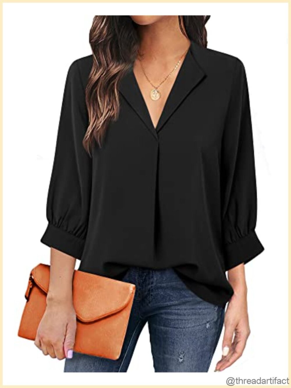Women's Chiffon V Neck 3/4 Sleeve Loose Business Work Blouse Top